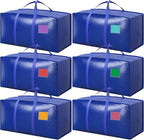 6 Pack Moving Bags with Full-Open Side Zipper, Extra Large 93L Heavy Duty Waterproof Foldable Storage Totes for College Dorm,