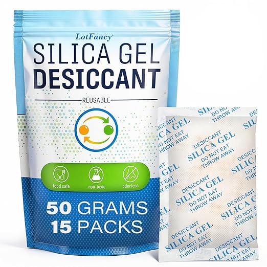 LotFancy Silica Gel Packets 50 Gram 15 Pack, Rechargeable Desiccant Packs with Color Indicator, Moisture Absorber for Gun Saf