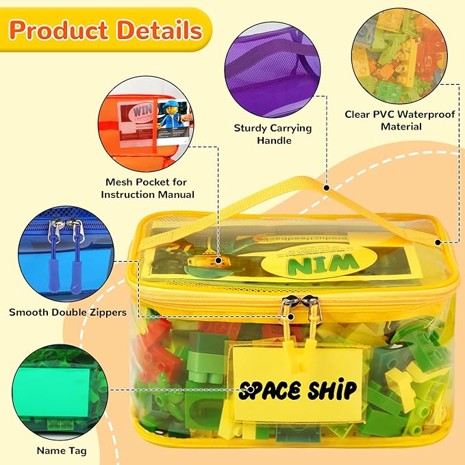 Tesuko 6 Pack Clear Toy Storage Bag with Name Tag& Manual Pocket, Waterproof Transparent PVC Toy Organizer Case for Lego Bric