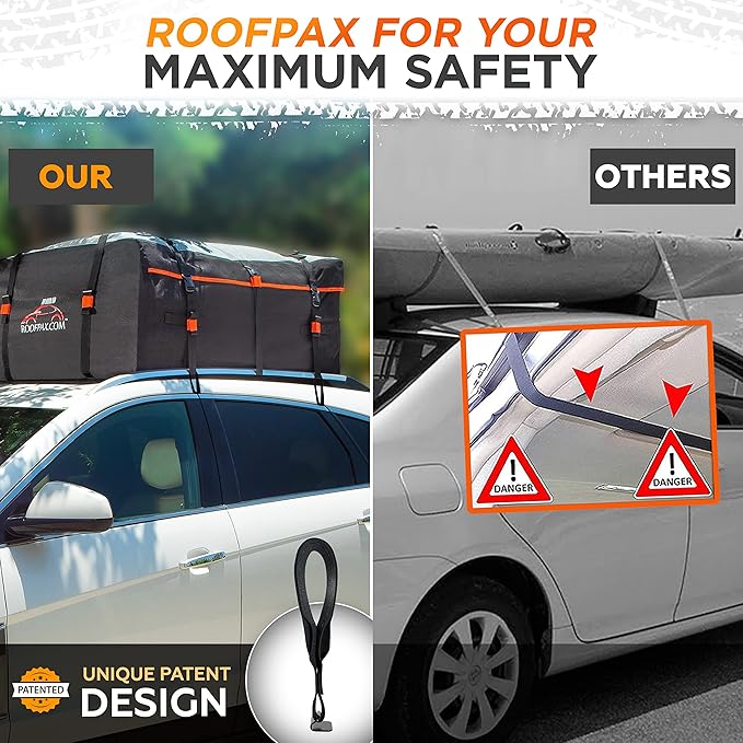 RoofPax 6 Rooftop Cargo Tie Down Hook Straps for Strapping Down Any Car Top Luggage. Waterproof, Attaches to Car Door Frame, Patent Registered, Extended Warranty