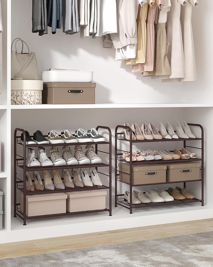 SONGMICS Stackable Shoe Rack, 4 Tier Metal Shoes Rack Storage Shelf, Holds up to 16 Pairs Shoes, Adjustable Slanted Shelves T
