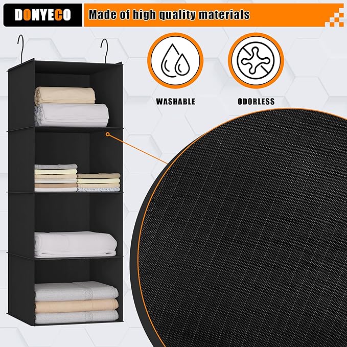 Hanging Closet Organizer, Easy Mount Foldable 4-Shelf Hanging Closet Wardrobe Storage Shelves, Clothes Handbag Shoes Accessor