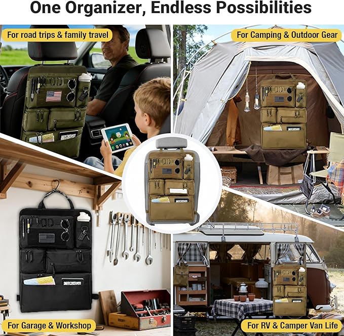 Tactical Seat Back Organizer Heavy Duty MOLLE Panel Organizer with Multiple Pockets & Hook Loop Panel for EDC Gear, Road Trip Essentials, Universal Fit for Car SUV Truck Jeep (Mud)