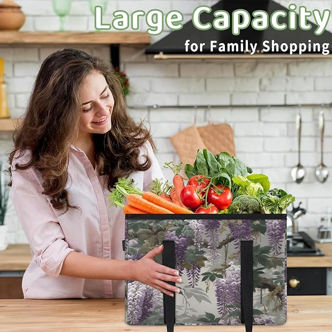 Reusable Grocery Bags Heavy Duty Shopping Bags Foldable Large Tote Bags with Long Handles & Hard Bottom