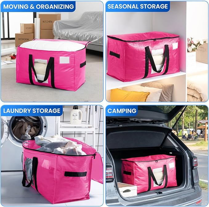 TAILI 12 Pack Pink Extra Large Moving Bags, Heavy Duty Totes with Visible Window, Wrap Around Handles, Space-Saving Storage S