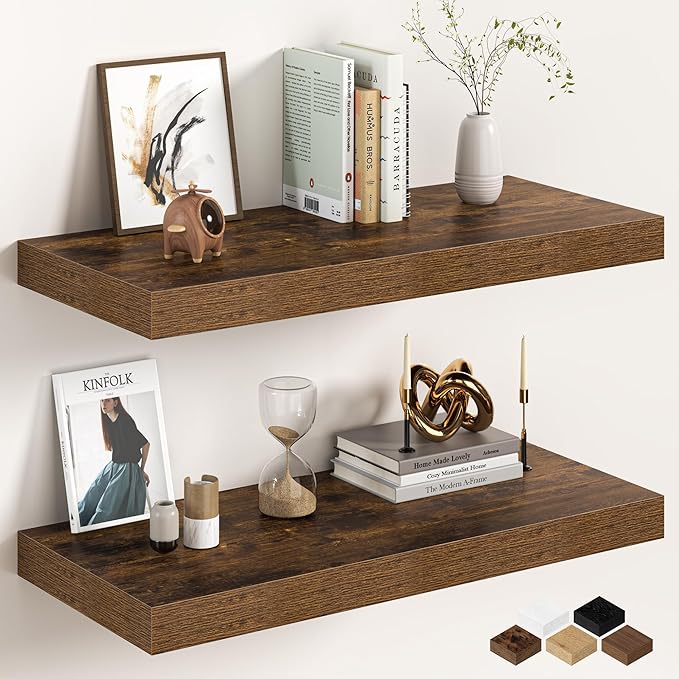 32Inch Floating Shelves for Wall, 12 Inch Deep Shelves for Bedroom, Kitchen, Bathroom Wall Mounted, Rustic Wood Floating Shel