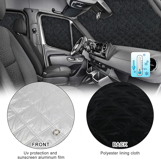Mercedes Sprinter Sun Shade 7-Piece Set 2019-2023 | Full Cabin Thermal Insulation Kit for LWB Vans | UV Blocker + Privacy Covers (Front/Rear/Side Windows)