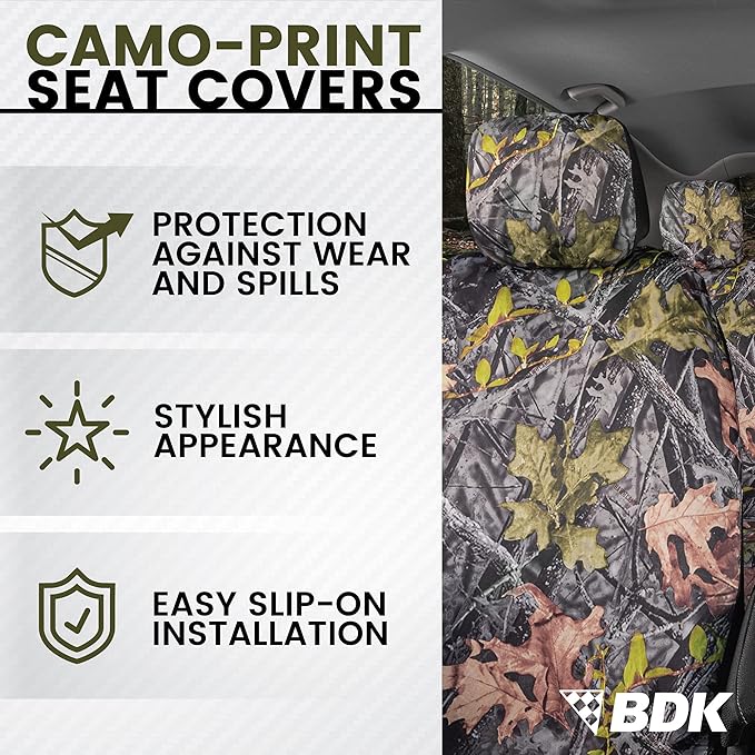 BDK Camo Car, Full Set – Realistic Green Forest Camouflage Automotive Front & Bench Back Seat Cover, Camoflauge Interior Prot