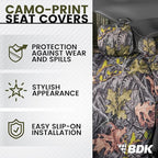 BDK Camo Car, Full Set – Realistic Green Forest Camouflage Automotive Front & Bench Back Seat Cover, Camoflauge Interior Prot