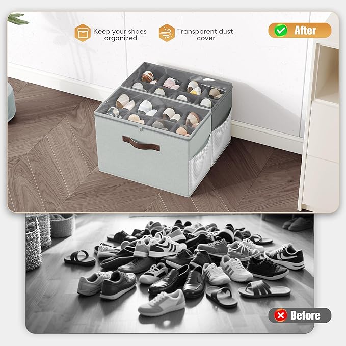 Budding Joy 2 Pack Shoe Organizer for Closet, Clear Foldable Shoe Storage Containers Adjustable Dividers Fits 16 Pairs,Shoe S