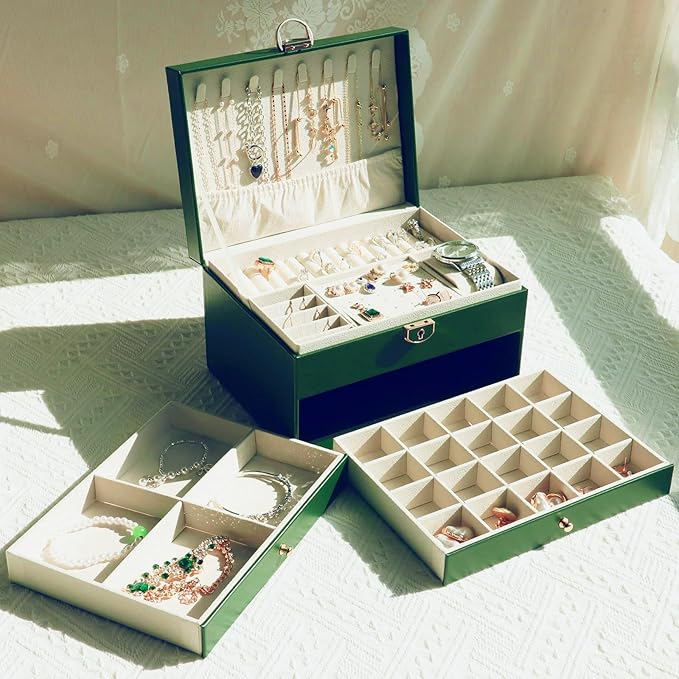 Jewelry Organizer Box PU Leather Double-Layer Pull-Out Drawer & Multiple Compartments - Premium Jewelry Storage for Necklaces