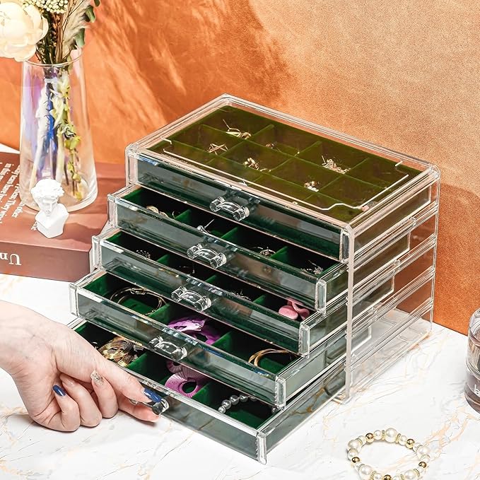ProCase Earring Holder Organizer Jewelry Box with 5 Drawers, Acrylic Clear Earring Case with Adjustable Velvet Trays for Wome
