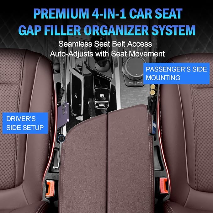 2PCS Car Seat Gap Filler Organizer 4In1 Between Seat & Console Inserts Gap Stopper Plug with Fill,Storage,Hook Function & Concealed Small Hammer,Upgraded Universal No Drop Seat Guard for Cars (Black)