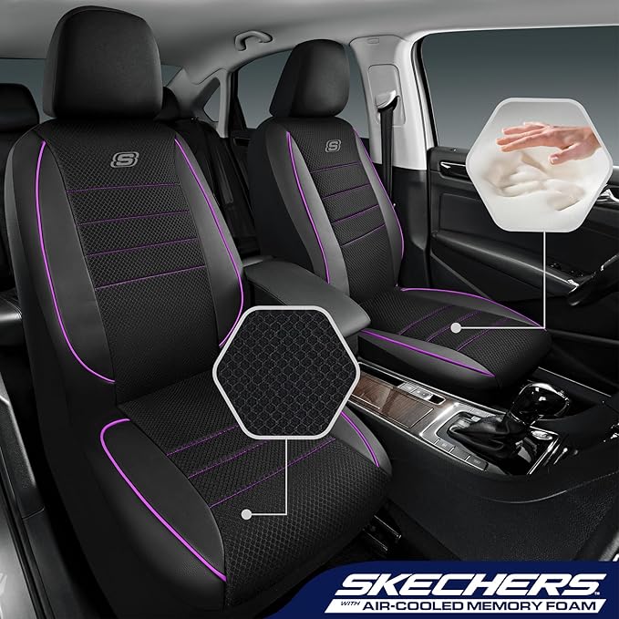 Skechers Air-Cooled Memory Foam Seat Covers,Mesh Thick Car Seat Covers,Piping Leather Car Seat Covers Front Seats,Airbag Comp