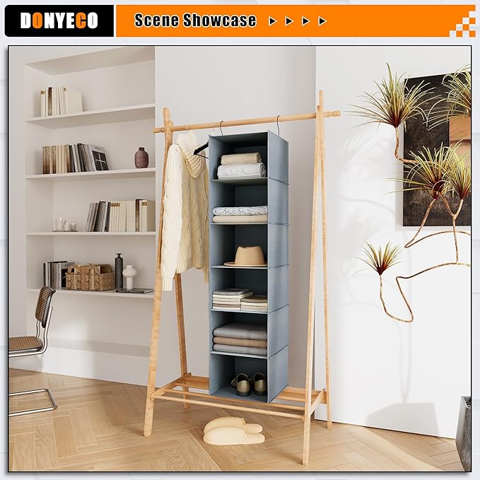 Hanging Closet Organizer and Storage 6-Shelf, Easy Mount Foldable Hanging Closet Wardrobe Shelves, Clothes Handbag Shoes Acce