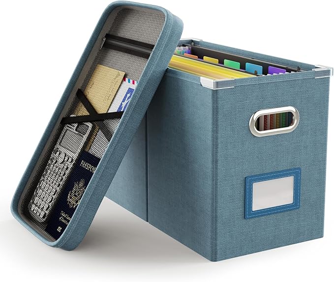 Oterri File Organizer Box with Lid, Hanging Filing File Box with Mesh Pocket, Document Organizer Box for Letter Files, Portab