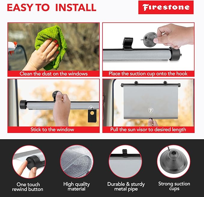 Firestone 2 Pack Retractable Car Window Sunshades - Blocks 99% UV Rays, Lightweight & Compact Car Side Window Screen with Automatic Retract Button, Blocks Glare & Heat, Gray