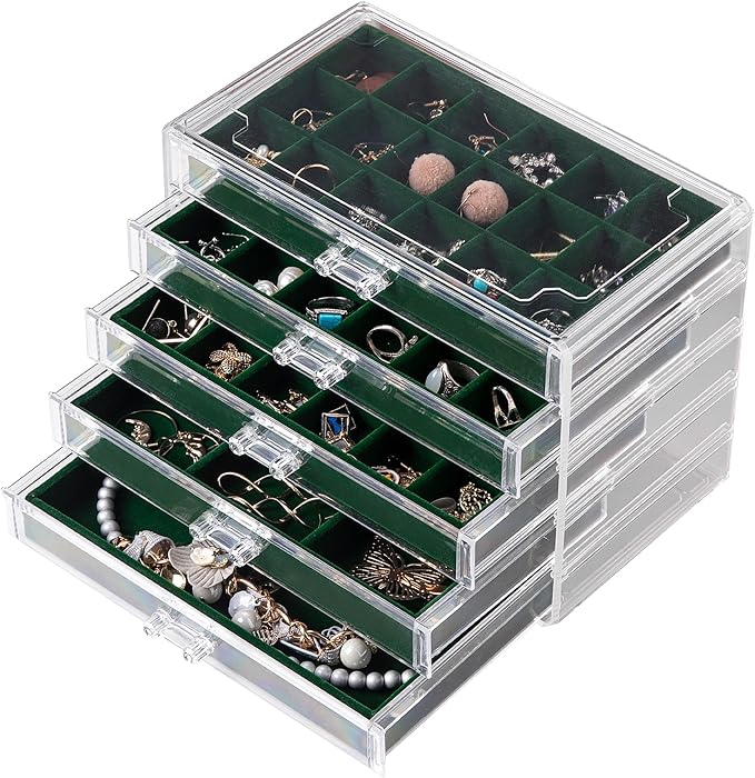 Frebeauty Acrylic Jewelry Organizer Earring Organizer Box with 5 Drawers Earring Holder Organizer with Velvet Trays Clear Jew