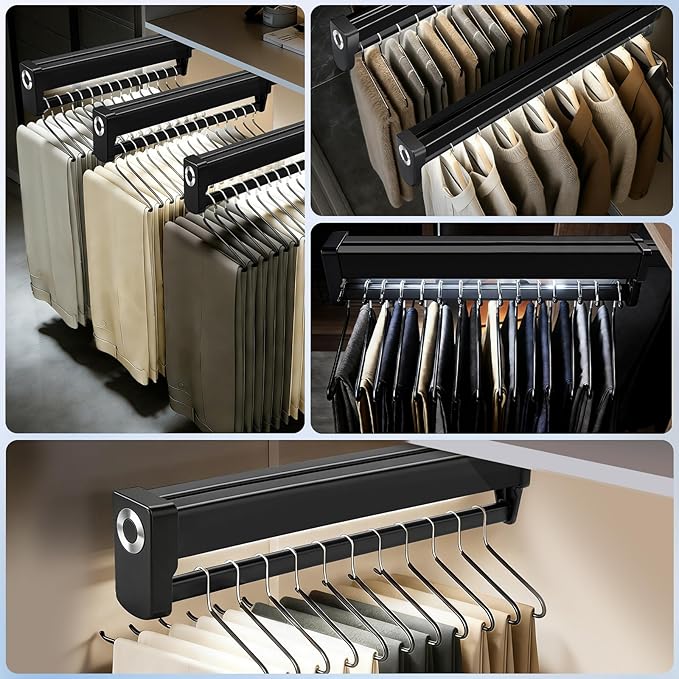 Pull Out Closet Valet Rods with LED Lighting, Adjustable Heavy Duty Steel Clothes Storage Hanger Rail, Sliding Top Mounted Wa