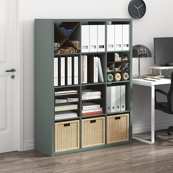 Furinno Cubicle Book Shelf, 12-Cube Bookshelf, Extra Thick Frame Reversible Bookcase with Open Back, 14.6" x 44" x 58", for L