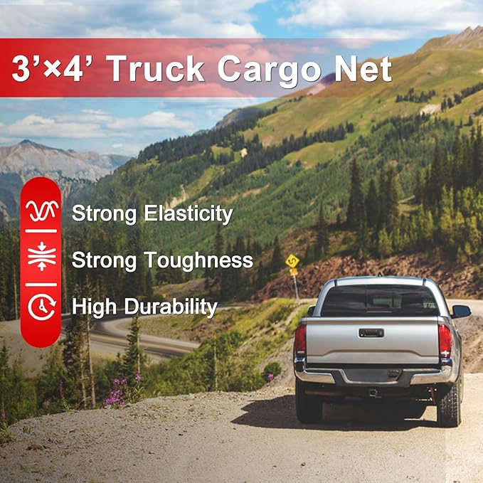 3’x4’ Truck Cargo Net Expands to 6' x 7' with 4"x4" Mesh Grid Super Duty Bungee Heavy Duty Bed Netting for Truck Bed Stretches with 12 Adjustable Metal Carabiners by Cenipar