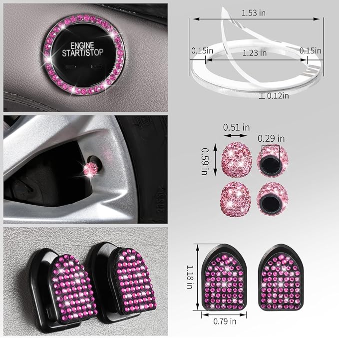 CAR PASS 30 PCS Bling Pink Car Set for Women, Bling Steering Wheel Covers Set 15 Inch, Shining Rhinestone License Plate Frame, Sparkly Diamond Phone Holder, Cute Interior Set Decorations, Pink Diamond