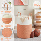 Laundry Basket,Woven Cotton Rope Laundry Hamper,100L for Decor Storage of Dirty Clothes,Toys and Blankets in Bathroom,Baby Ro