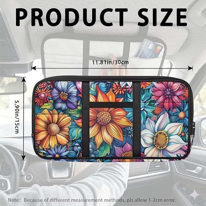 Tropical Flower Car Visor Organizer for Women Multi-Pocket Auto Visor Organizer Universal Fit for Car, SUV and Truck, Card Holder Adjustable Velcro Strap Cars Storage Pouch Washable