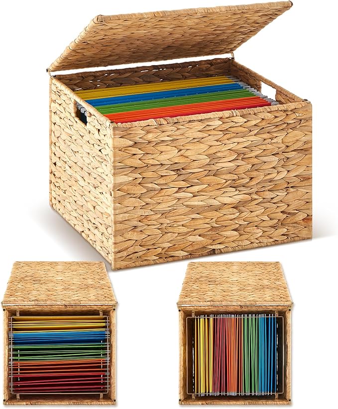 Jingmore 1 Pack Large Decorative File Box Water Hyacinth Letter/Legal Size File Organizer with Lid Collapsible Hand Woven Fil