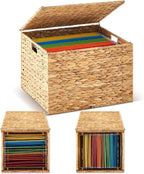 Jingmore 1 Pack Large Decorative File Box Water Hyacinth Letter/Legal Size File Organizer with Lid Collapsible Hand Woven Fil