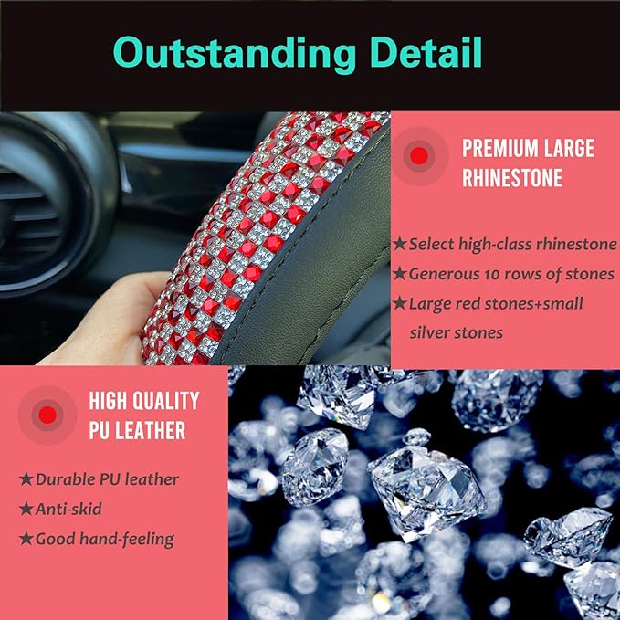 PINCTROT D Shaped Bling Comfy Steering Wheel Cover with Jumbo Crystal Rhinestones, Anti-Slip Diamond Leather, Flat Bottom 14.5-15 Inch (Red)