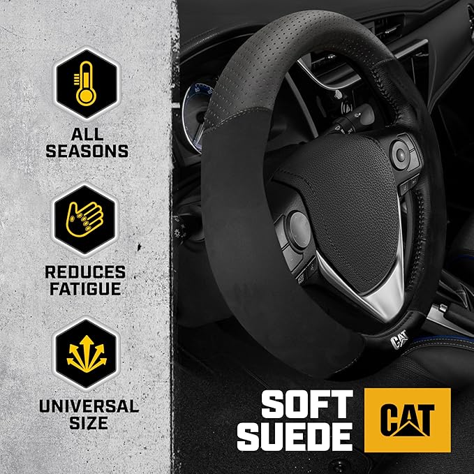 Cat® Steering Wheel Cover - Suede/PU Leather Black/Gray w/Chrome Logo, Durable & Comfortable with Advanced Grip, Car Steering Wheel Cover for Auto Truck Van SUV - Standard 14.5" - 15 Inches