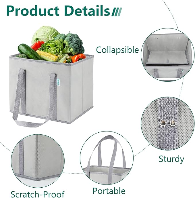 Reusable Grocery Bags Foldable 4-Pk, Heavy Duty Large Reusable Shopping Bags with Handles, Collapsible Tote