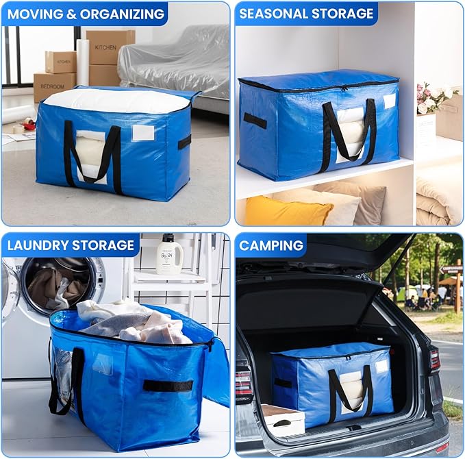 TAILI Extra Large Moving Bags, 8 Pack Blue Heavy Duty Totes For Storage with Visible Window, Wrap Around Handles, Storage Bag