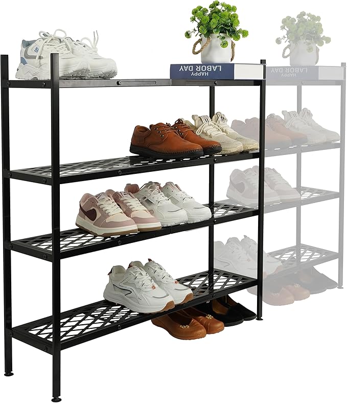 Shoe Rack, 4-Tier Long Shoe Rack, Stackable Shoe Storage Organizer Expandable Shoe Shelf Stand, Holds up to 25-30 Pairs of Sh