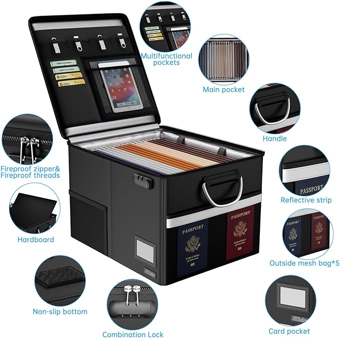 5200℉ Fireproof Document Box with Lock, Waterproof File Organizer with Handle, Portable Collapsible Filing Cabinet with Refle
