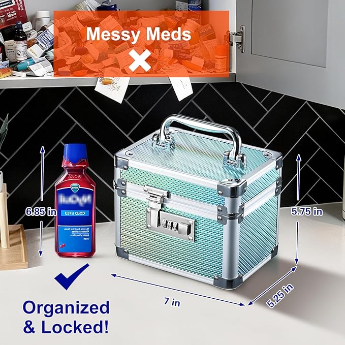 Adazzo Lockable Medicine Storage Box - Shiny Turquoise Cabinet Med Lock Organizer, 7 * 5.25 * 5.75 Inches Safe Case with Comb