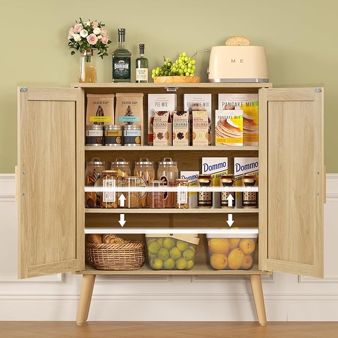 Iwell Storage Cabinet with 2 Shelves, Rattan Cabinet with 2 Doors, Sideboard Buffet Cabinets with Storage for Living Room, Di