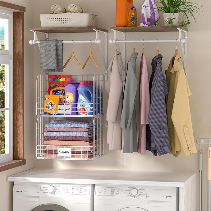 DAOUTIME 2 Set Laundry Room Wall Mounted Shelves With Wire Storage Baskets, Over Washer and Dryer With Hanging Rods and Hooks