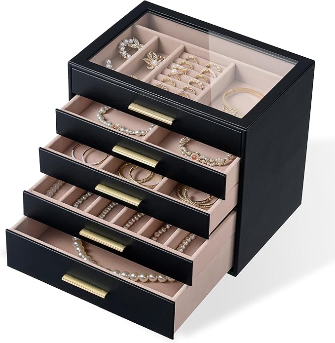 pickpiff Jewelry Box Organizer Case for Women: 5-Layer Jewelry Storage Case with Glass Window, Black Leather with Blush Velve
