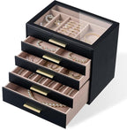pickpiff Jewelry Box Organizer Case for Women: 5-Layer Jewelry Storage Case with Glass Window, Black Leather with Blush Velve