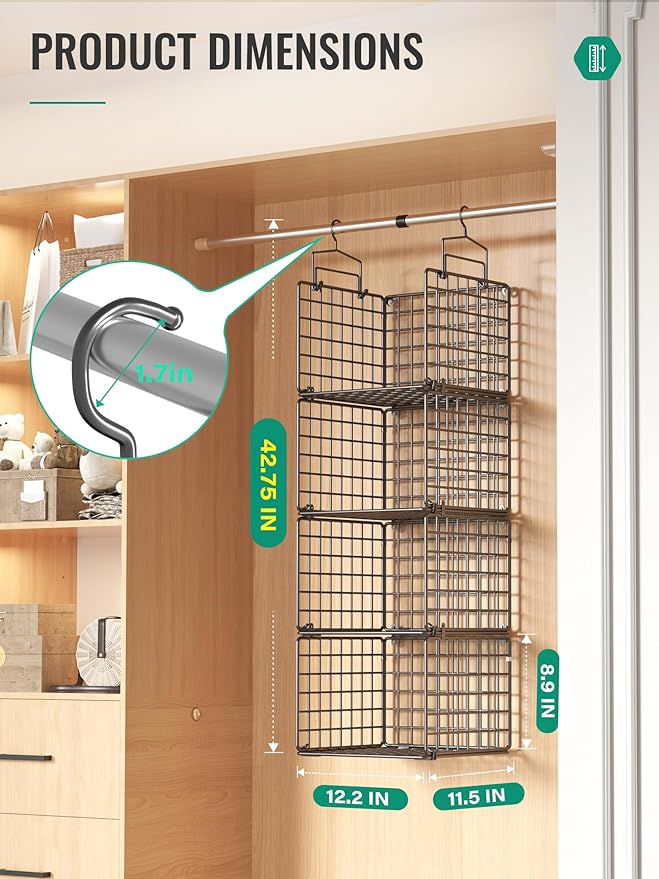 Hanging Closet Organizer, 4 Tier Metal Closet Organizers and Storage with 4 Hanging Hooks 4 S-Hooks for Wardrobe Laundry Room