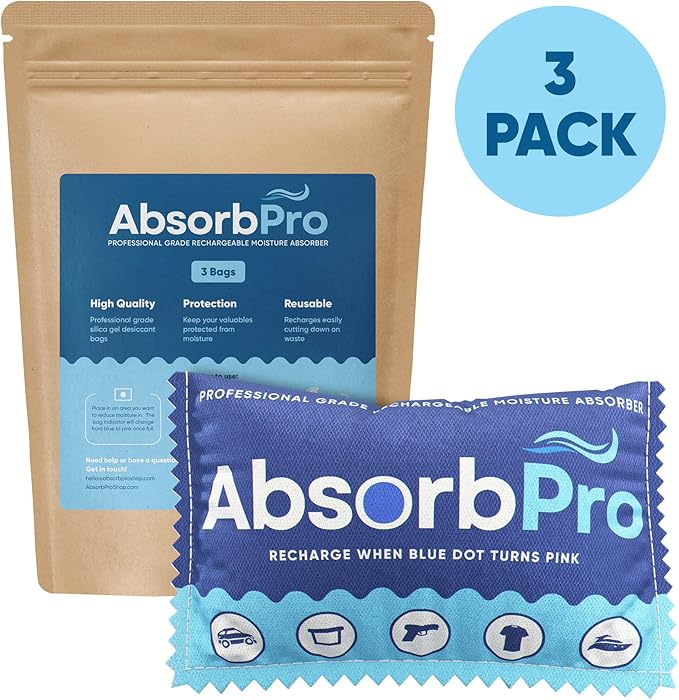Rechargeable Dehumidifier Bag 3-Pack - 100g Reusable Moisture Absorbers - Silica Gel Packets for Bins, Totes, Gun Safe, Food