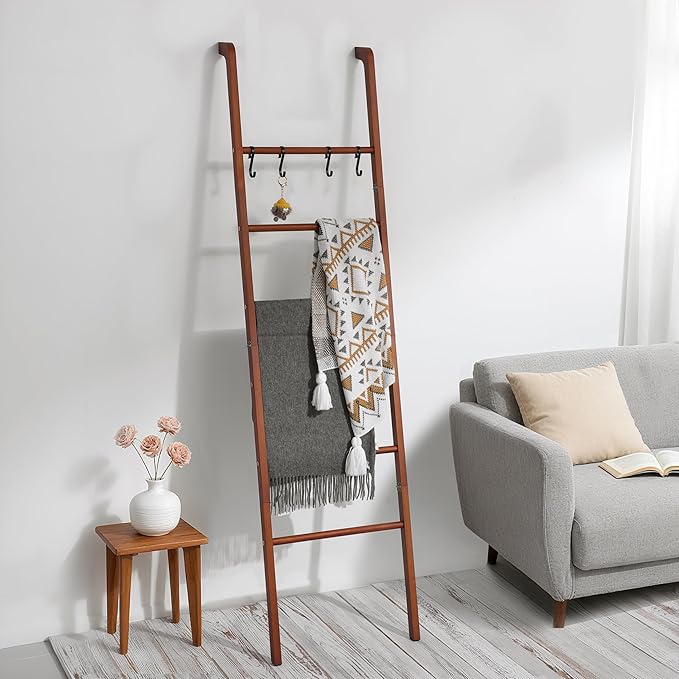 Taozun 6-Tier Wood Blanket Ladder for Living Room, Rustic Wooden Farmhouse Quilt Ladder with 4 S-hooks, 66-Inch Wall Leaning 
