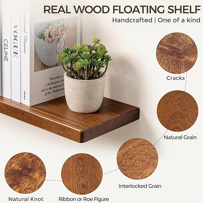 Fun Memories 36 Inch Floating Shelves, Rustic Solid Wood Wall Shelves Set of 2, 8 Inch Deep Floating Shelf for Bathroom, Bedr