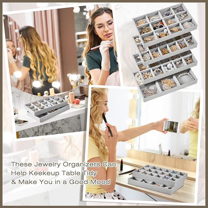Junkin 12 Pcs Jewelry Tray Velvet Stackable Jewelry Organizer Trays Divided Earring Accessories Storage Containers Box (Rose 