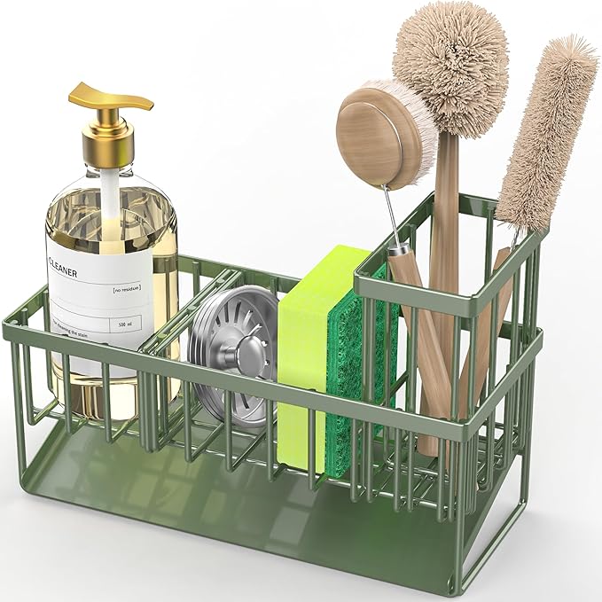 Cisily Kitchen Sink Caddy, Sponge Holder for Kitchen Sink, Kitchen Sink Organzier and Storage with High Brush Holder, 304 Sta