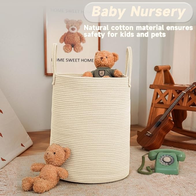 JMvicyroam Large Woven Laundry Basket Hamper,100L Cotton Rope Storage Bin for Blankets,Toys and Clothes,Decorative Tall Nurse