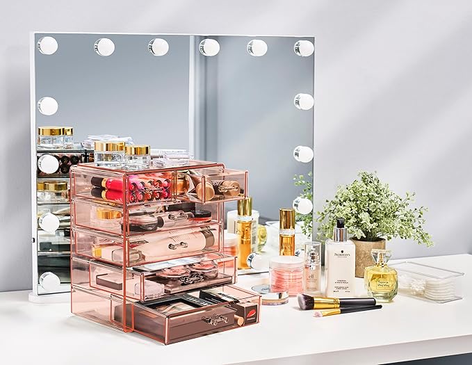 Sorbus Acrylic Makeup Organizer Set, 6-Drawer Vanity & Countertop Cosmetic Storage with Small & Wide Drawers, Pink Makeup Sto