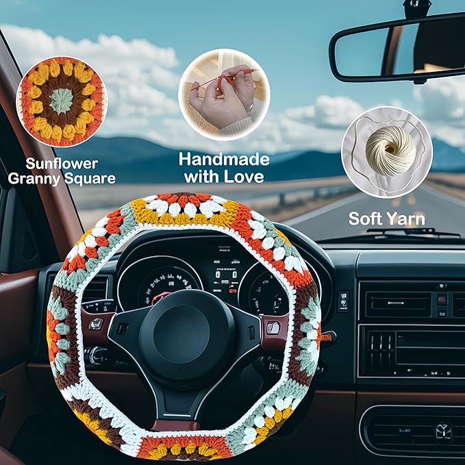 Handmade Steering Wheel Cover, Crochet Steering Wheel Cover, Sunflower Granny Square Wheel Cover, 14-15 inch, Universal fit，Boho Car Accessories, for Women and Girly(Wheel Cover Set)